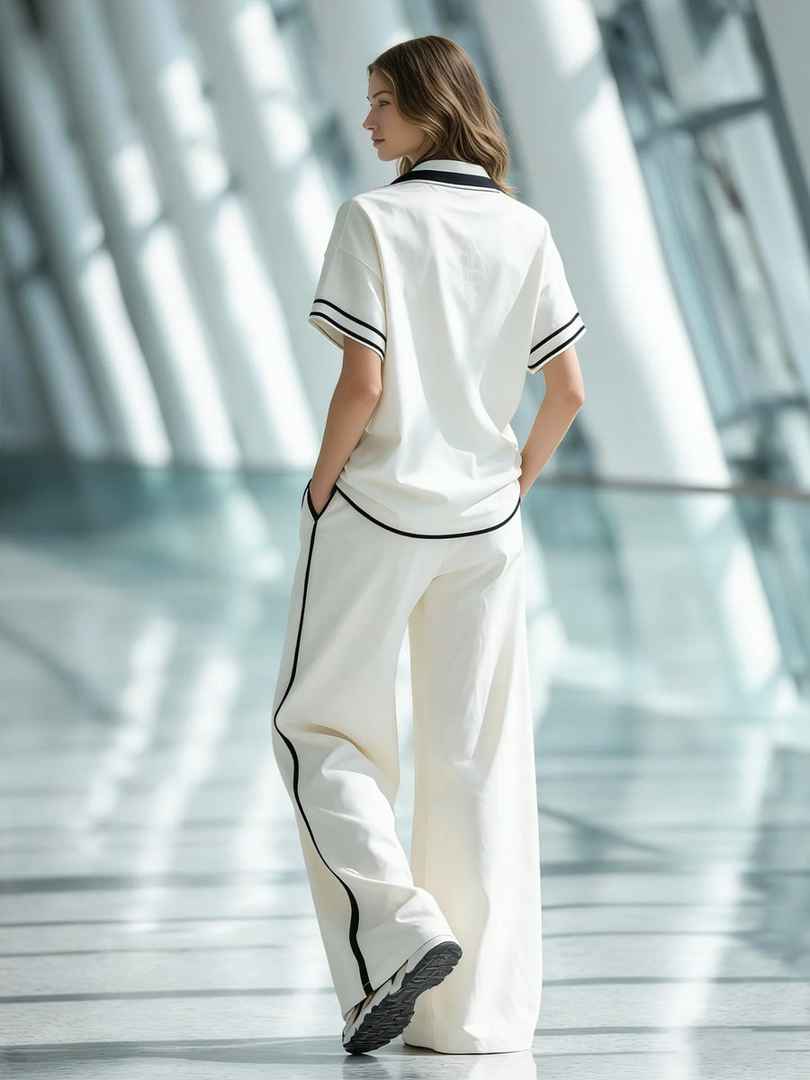 Women's Stylish Casual White Collared Short-sleeved Top And Trousers Set