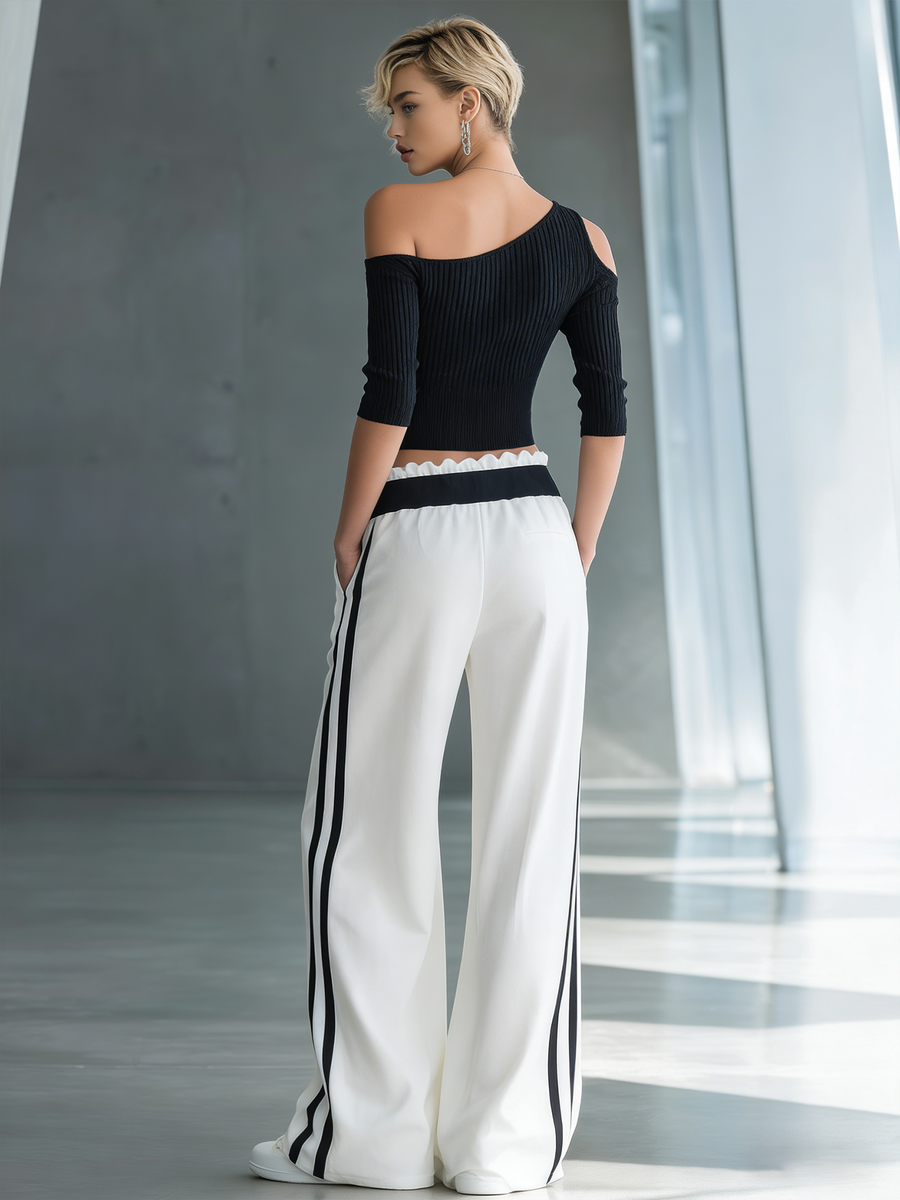 Women's Fashionable Casual Black Off-the-shoulder Top And Wide-leg Pants Set