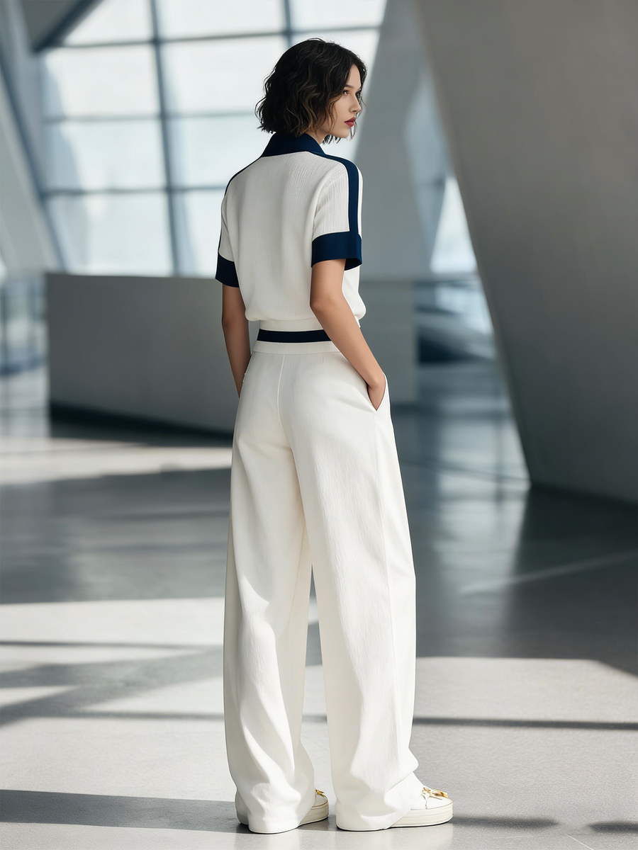 Women's Fashionable Casual Style White Short-sleeved Collared Top And Trousers Set