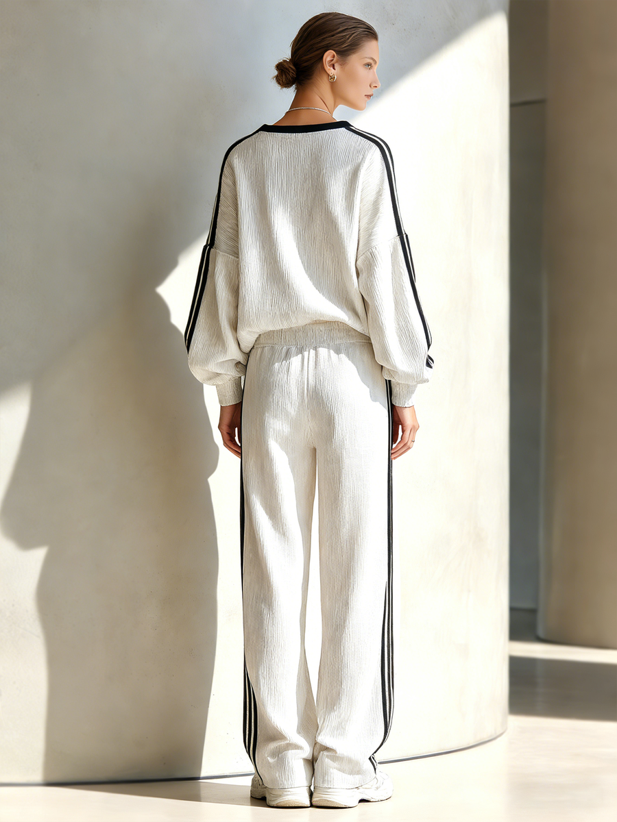 Women's Stylish Casual White Color-block V-neck Top And Trousers Set