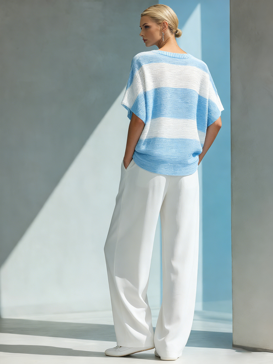 Women's Fashionable Casual Blue And White Striped Short-sleeved Knit Top And Pants Set