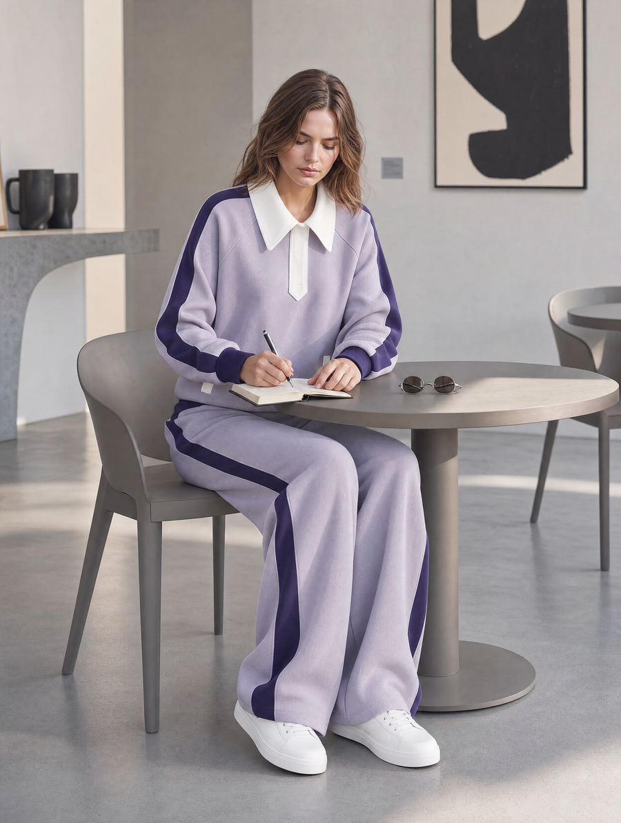 Purple Color-block Athleisure Set Featuring A Long-sleeve Top And Wide-leg Pants