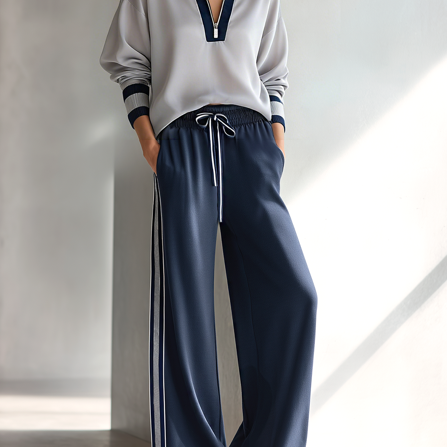 Women's Fashionable Casual Grey And Navy Blue Half-zip Top And Trousers Set