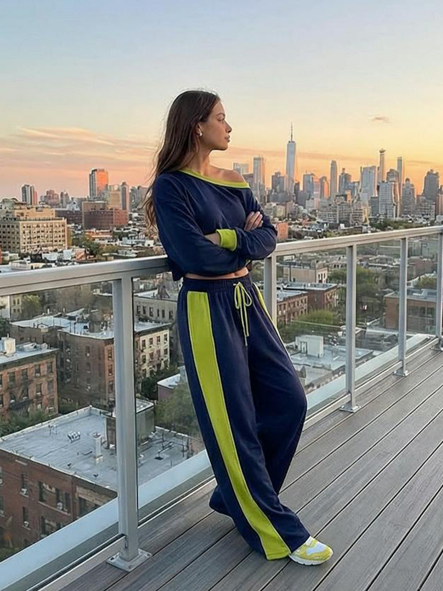 Women's Fashionable Navy Blue Color-block Off-the-shoulder Top And Wide-leg Pants Casual Set