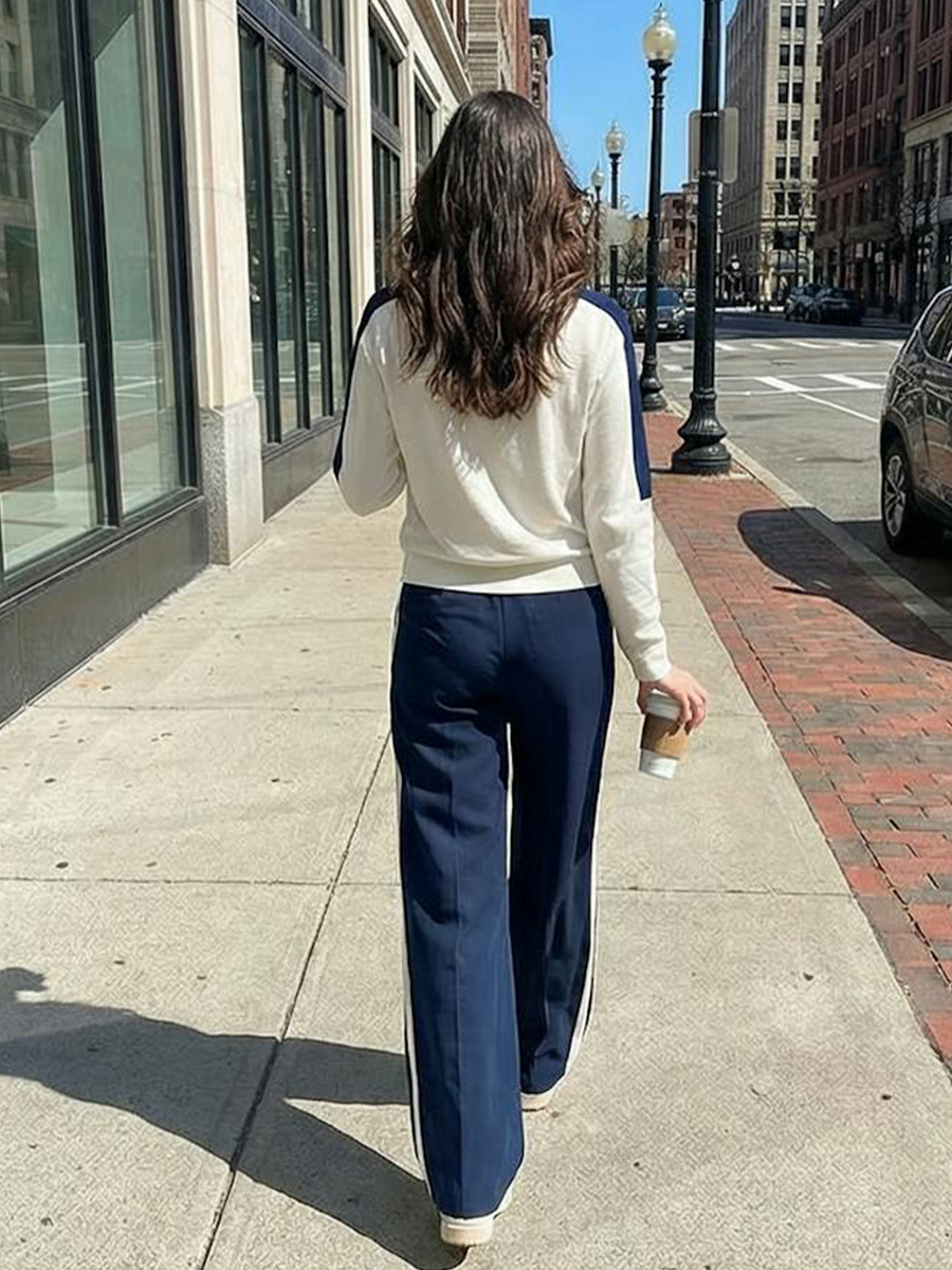 Women's Stylish Casual Outfit: White Collared Top And Dark Blue Trousers Set