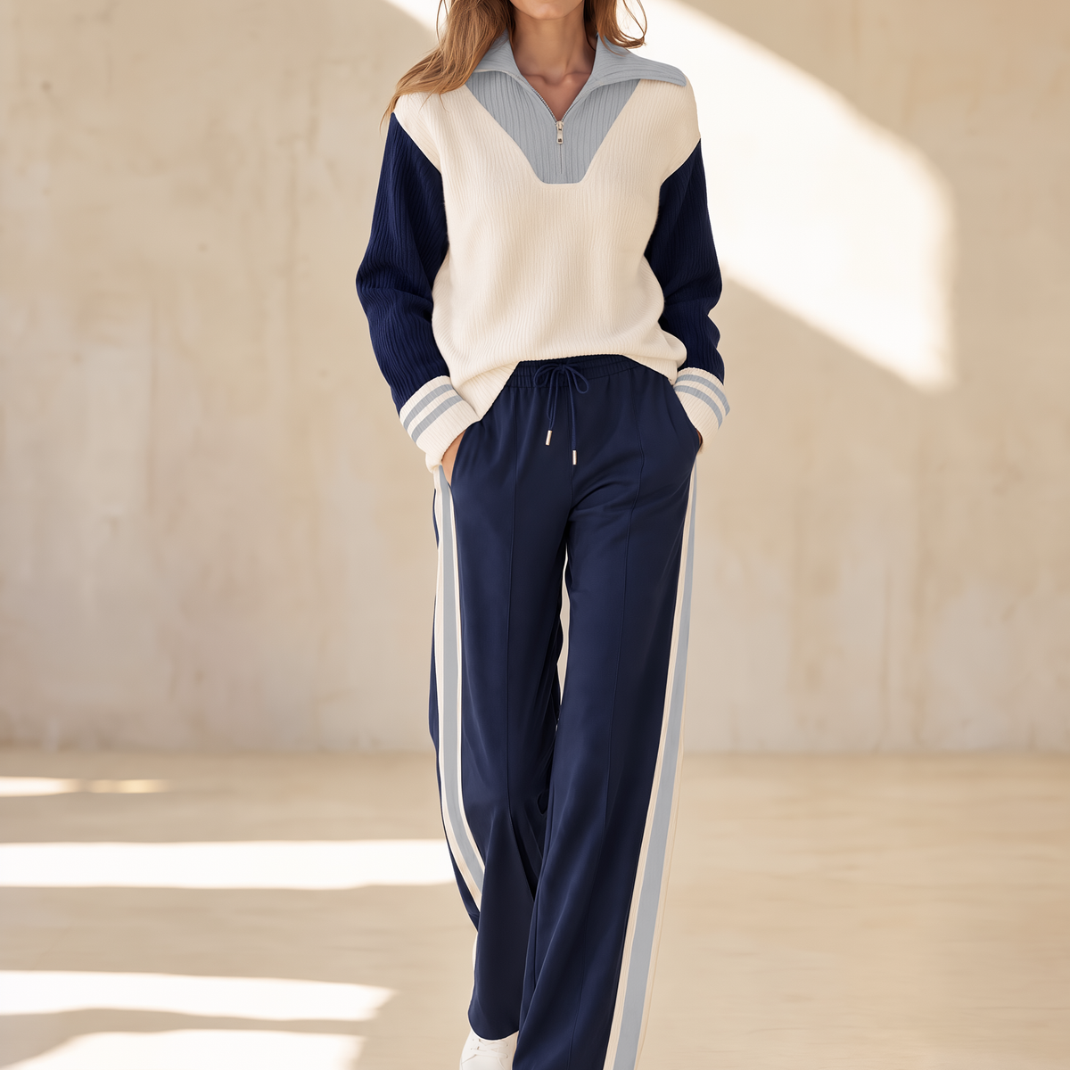 Beige Color-block Long-sleeve Half-zip Sweater And Khaki Trousers Set