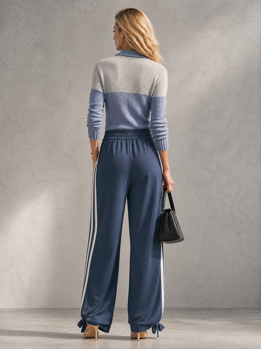 Blue Color-Block Polo Knit & Navy Wide-Leg Track Pants Set