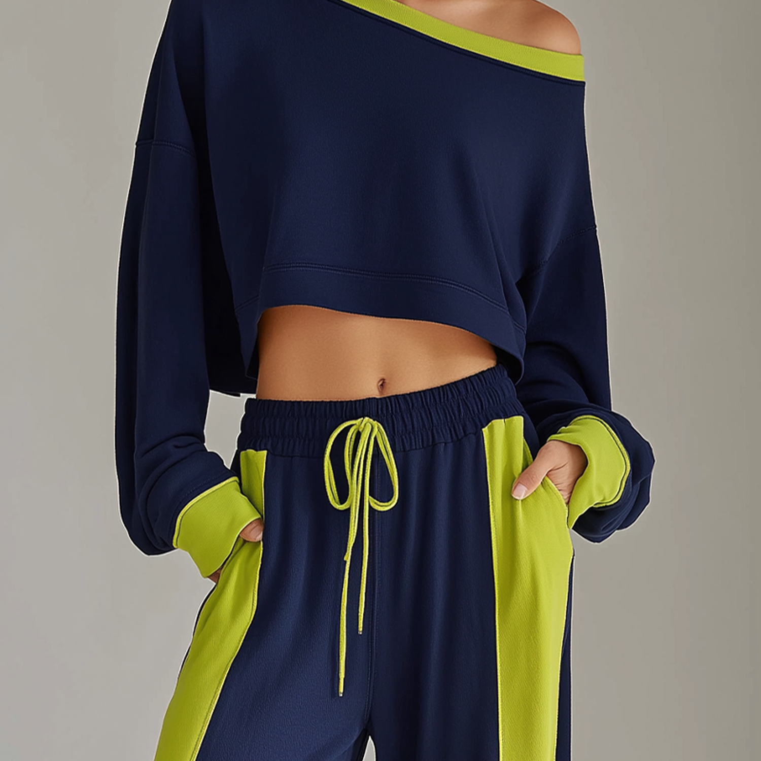 Women's Stylish Casual Navy Blue Color-block Off-the-shoulder Cropped Sweatshirt