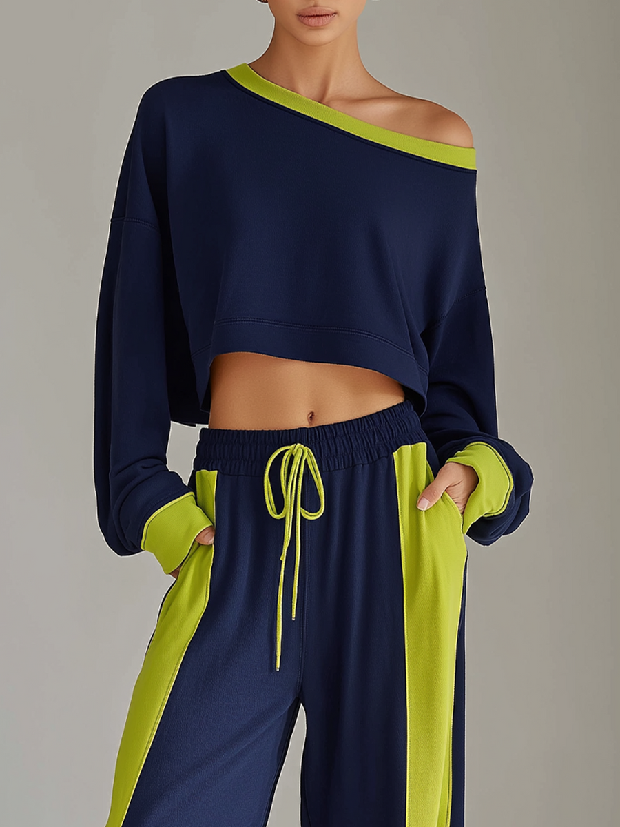 Women's Stylish Casual Navy Blue Color-block Off-the-shoulder Cropped Sweatshirt