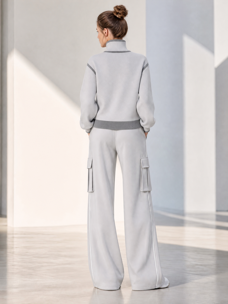 Grey-toned Single-breasted Long-sleeve Top And Utility-style Wide-leg Trousers Set