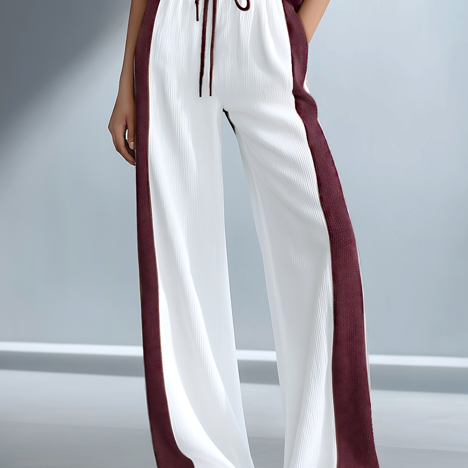 Women's Fashionable Casual Brown Color-blocked Ribbed Knit Wide-leg Pants