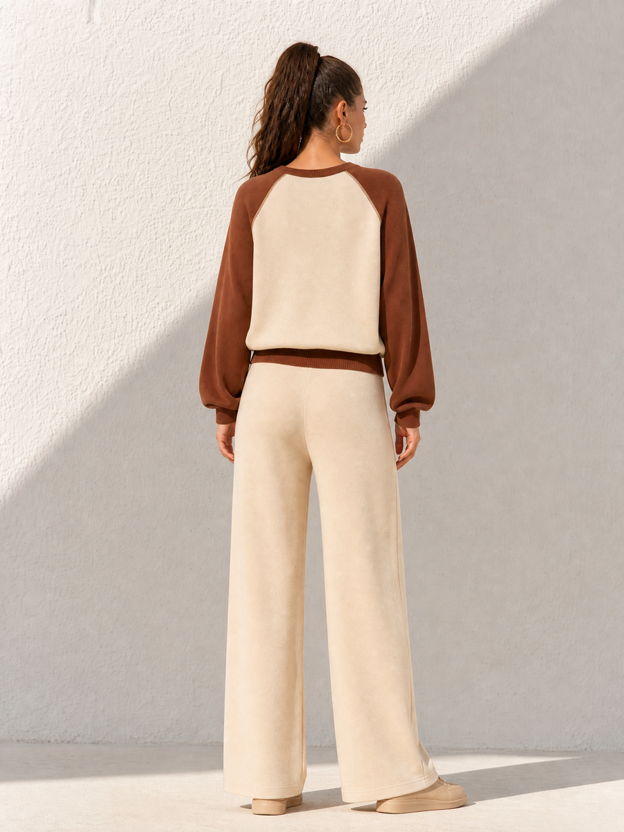 Beige Color-block Sweatshirt And Wide-leg Pants Set