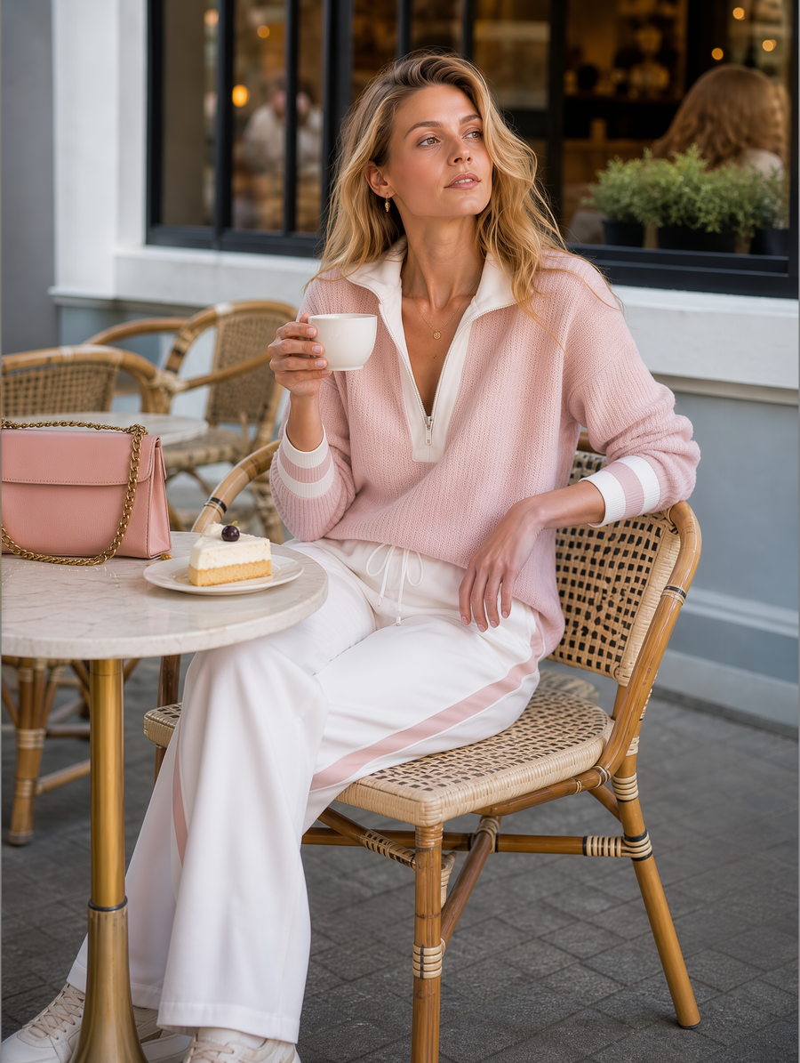 Stylish and versatile pink color-block half-zip collared sweater