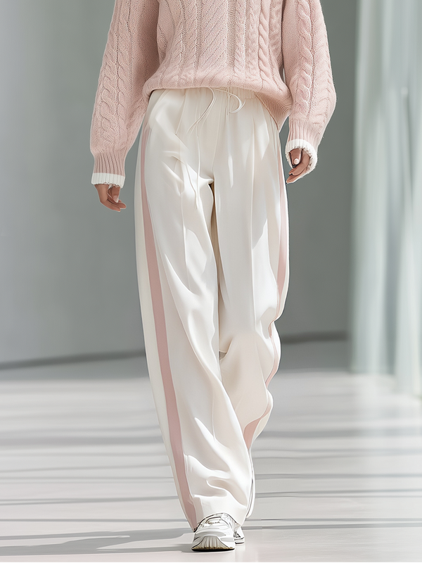Stylish And Versatile White Wide-leg Trousers With Contrasting Side Stripes - White