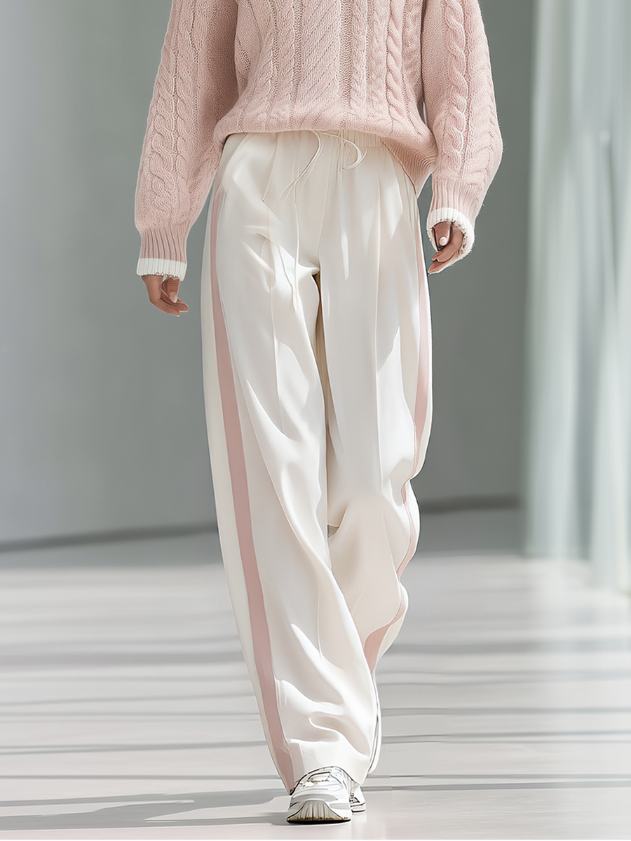 Stylish And Versatile White Wide-leg Trousers With Contrasting Side Stripes
