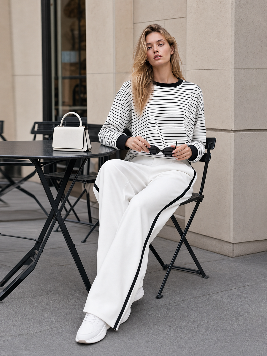 Black‑White Stripe Drop‑Shoulder Top Side‑Stripe Wide Leg Pants Set
