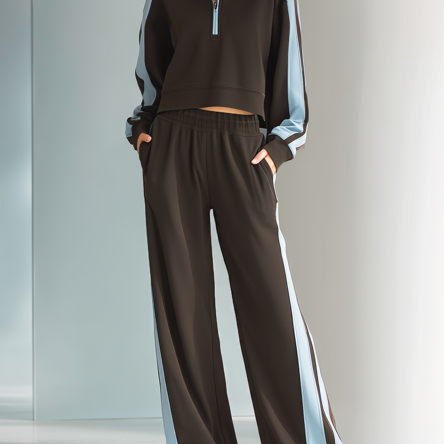 Women's Fashionable Brown And Light Blue Color-blocked Half-zip Casual Tracksuit