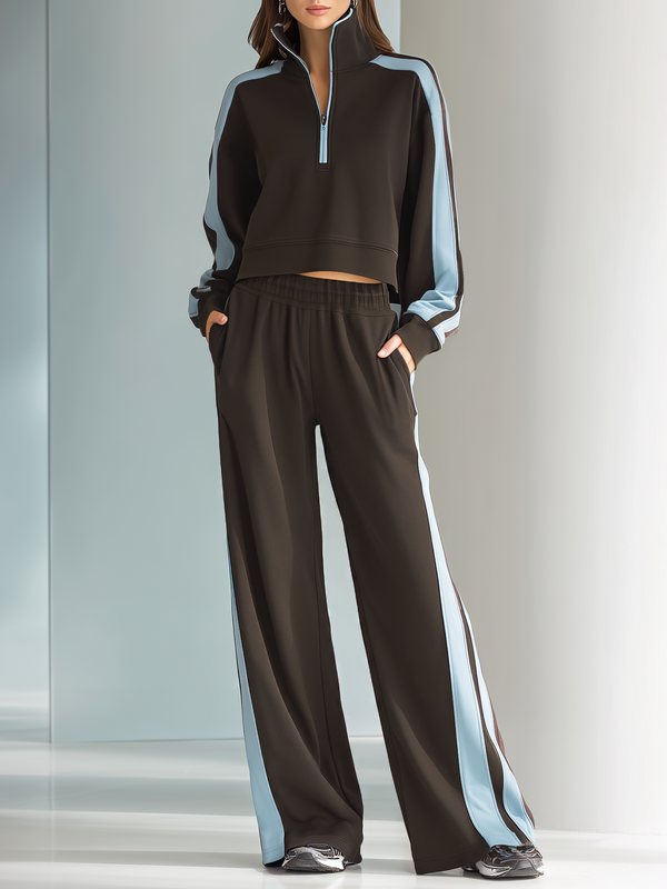 Women's Fashionable Brown And Light Blue Color-blocked Half-zip Casual Tracksuit