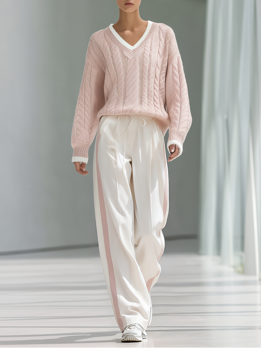 Pink V‑Neck Cable Knit Sweater & Side Stripe Wide‑Leg Pants Set