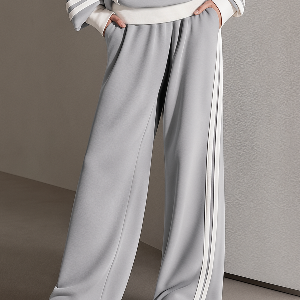 Light Grey-White High-Stretch Wide-Leg Pants With Contrast Stripes