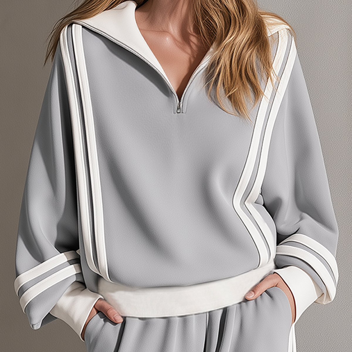 Light Grey-White High-Stretch Color-Block Striped Half-Zip Top