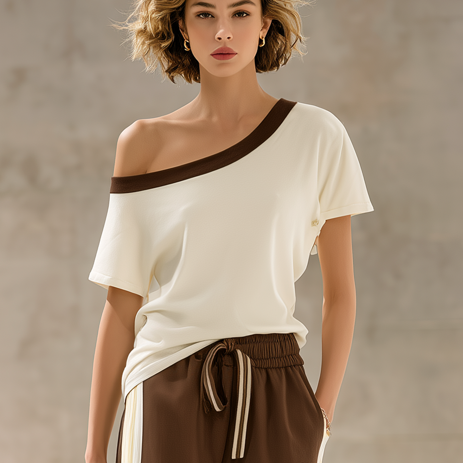 Women's Off-white And Brown Color-blocked Off-the-shoulder Short-sleeved Casual Top