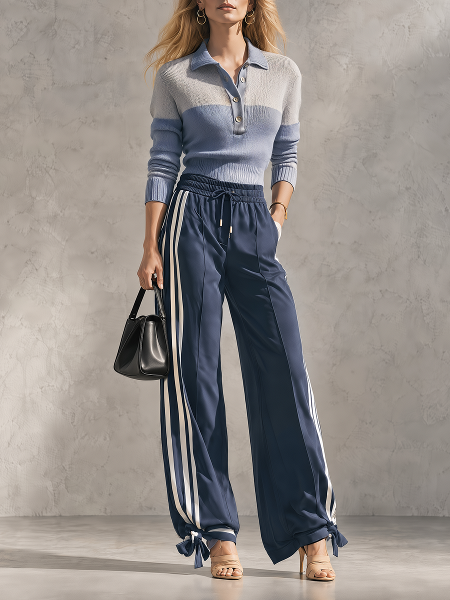 Blue Color-Block Polo Knit & Navy Wide-Leg Track Pants Set