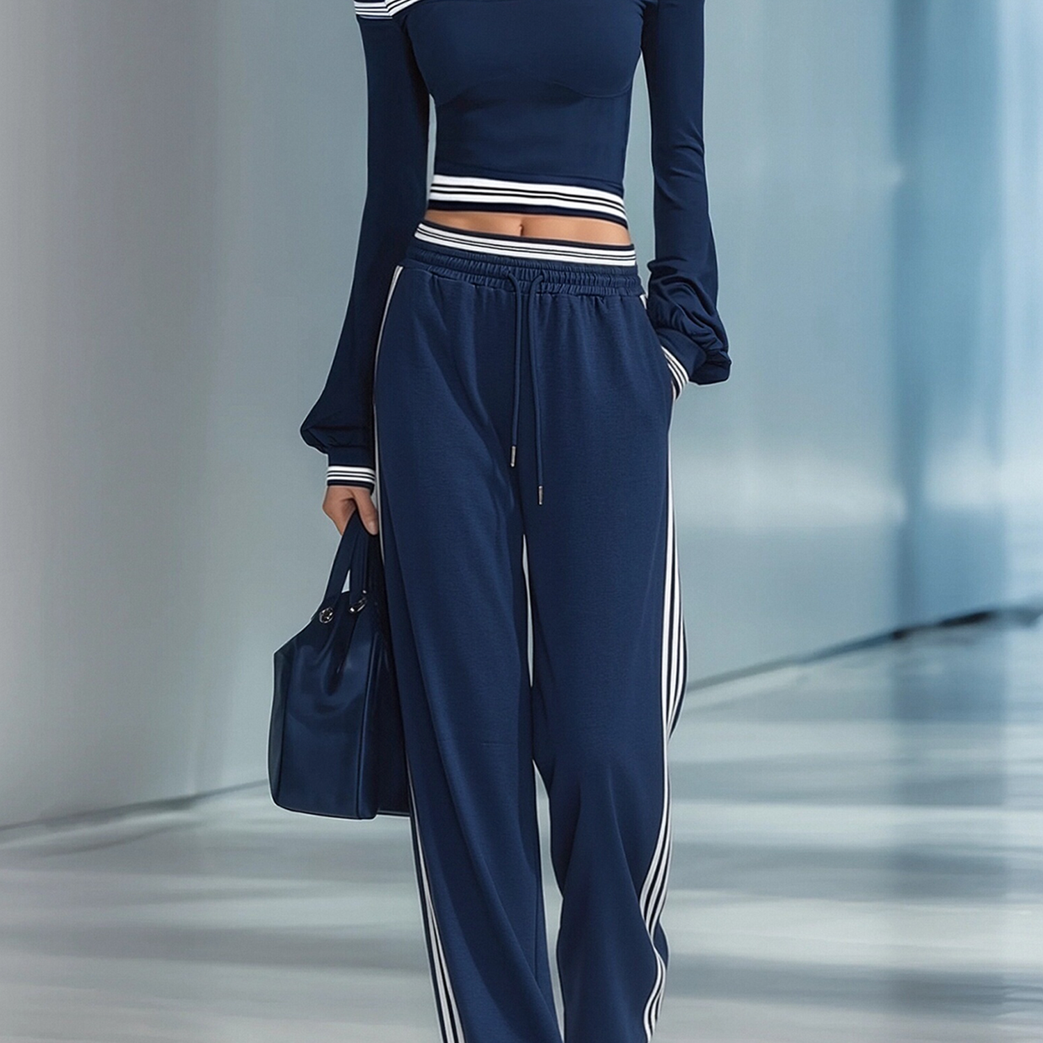 Women's Navy Blue Off-the-shoulder Fitted Top And Wide-leg Pants Casual Set