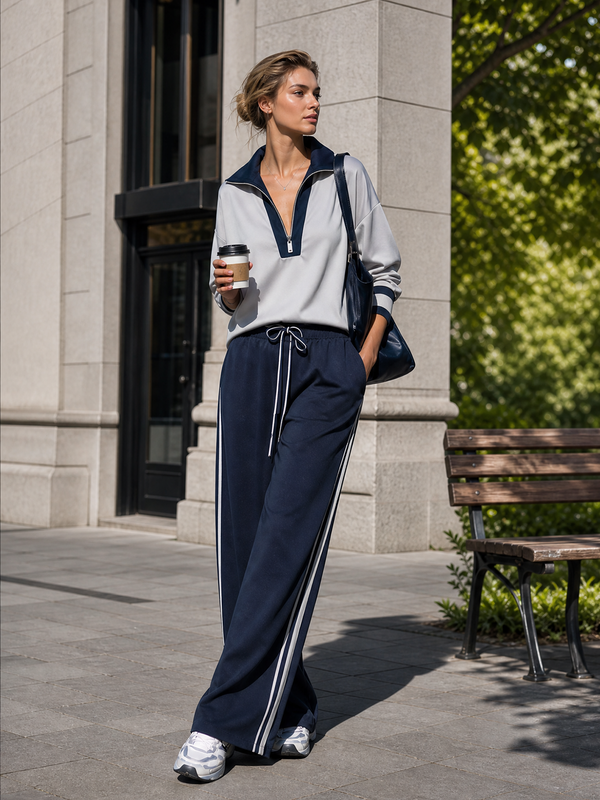 Women's Fashionable Casual Grey And Navy Blue Half-zip Top And Trousers Set