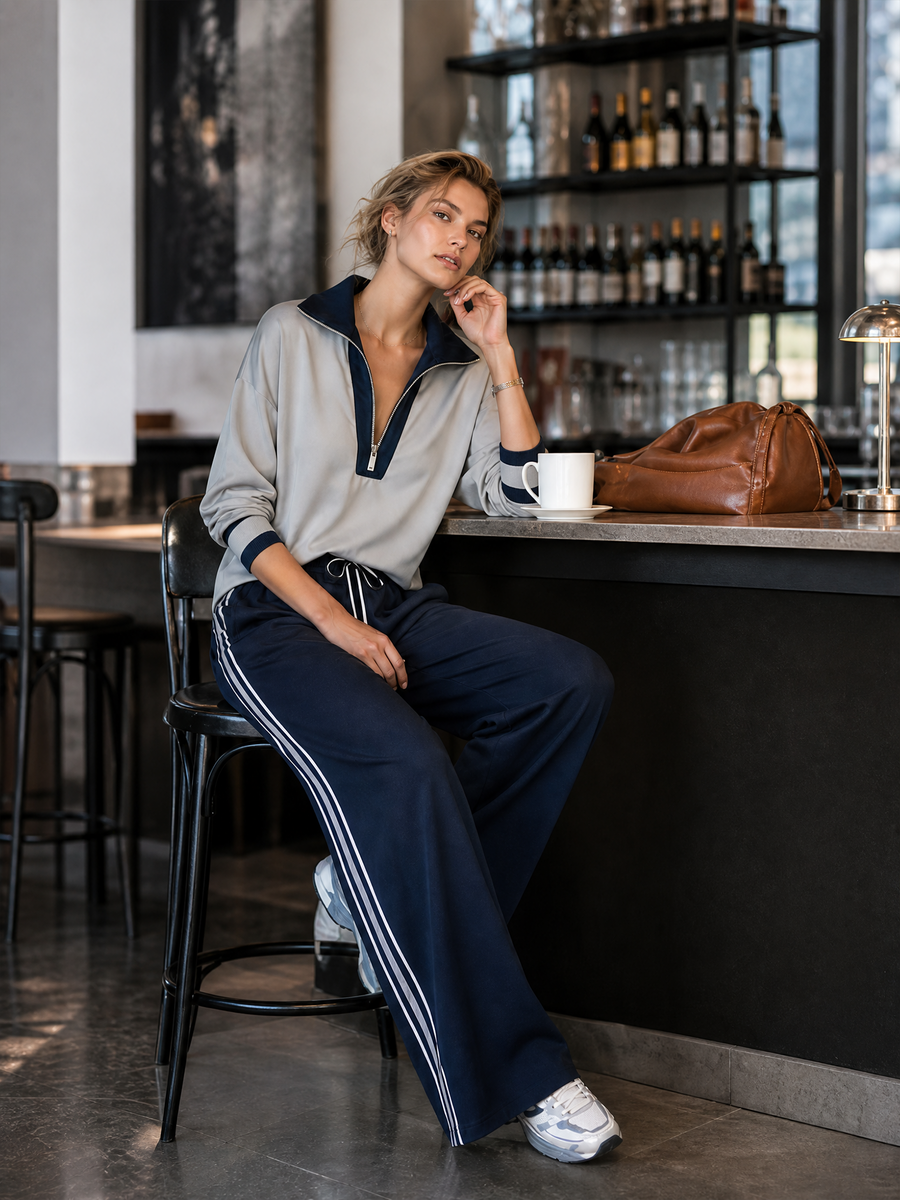 Women's Fashionable Casual Grey And Navy Blue Half-zip Top And Trousers Set