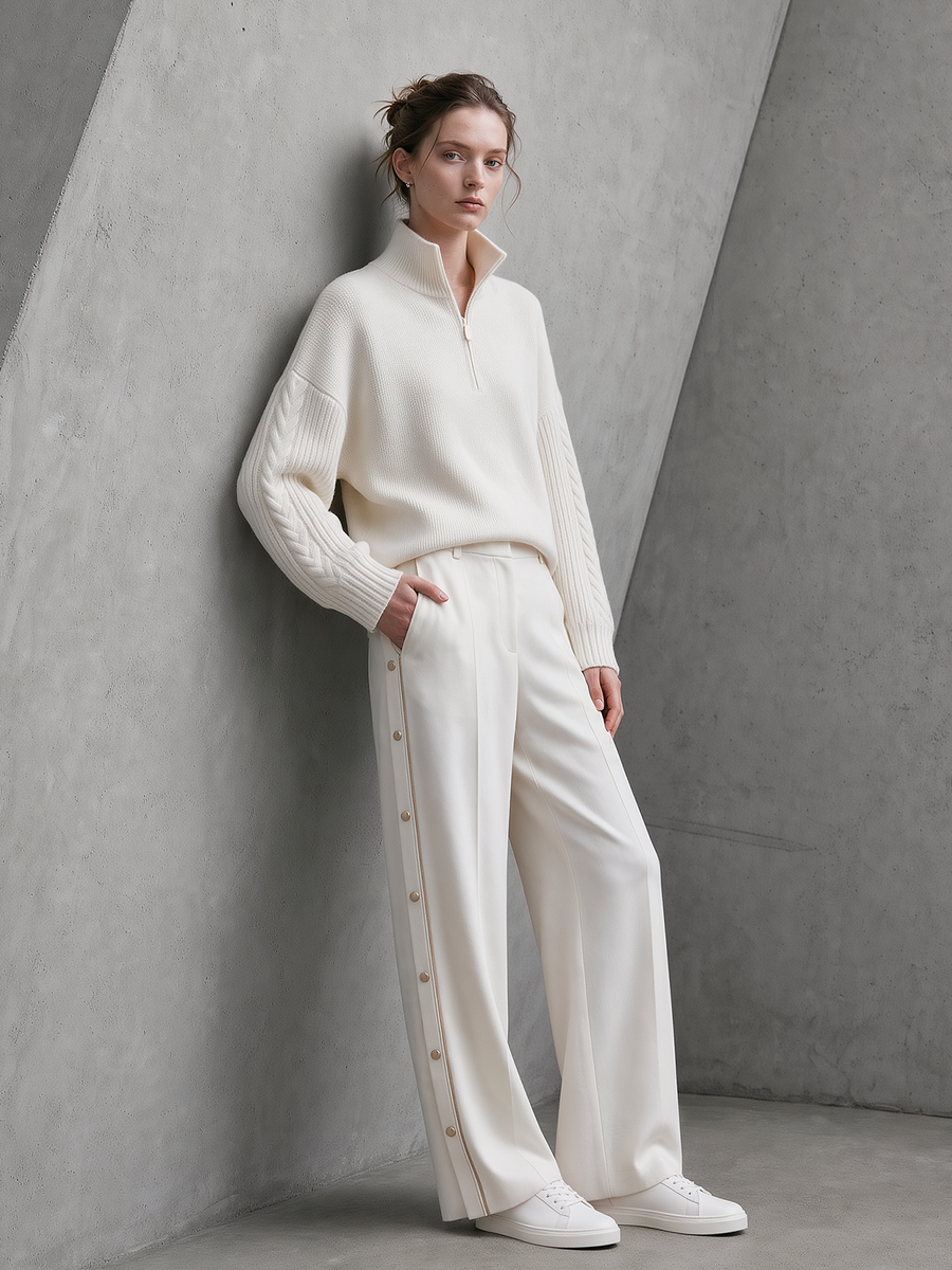 Ivory Half-Zip Cable Knit Sweater & White Snap-Side Wide-Leg Pants Set