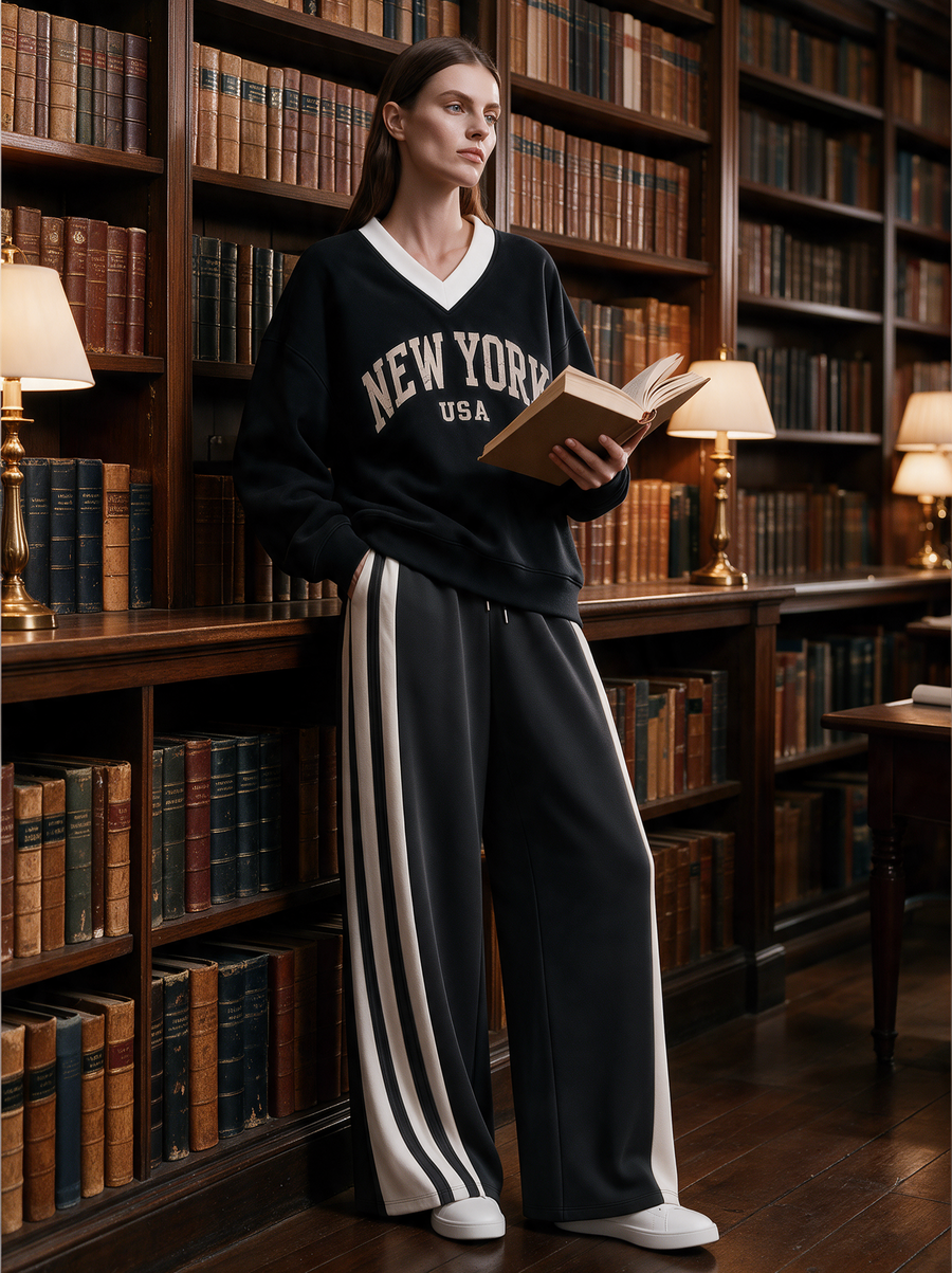 Striped Ribbed Knit Top & Black Pinstripe Wide-Leg Pants Set