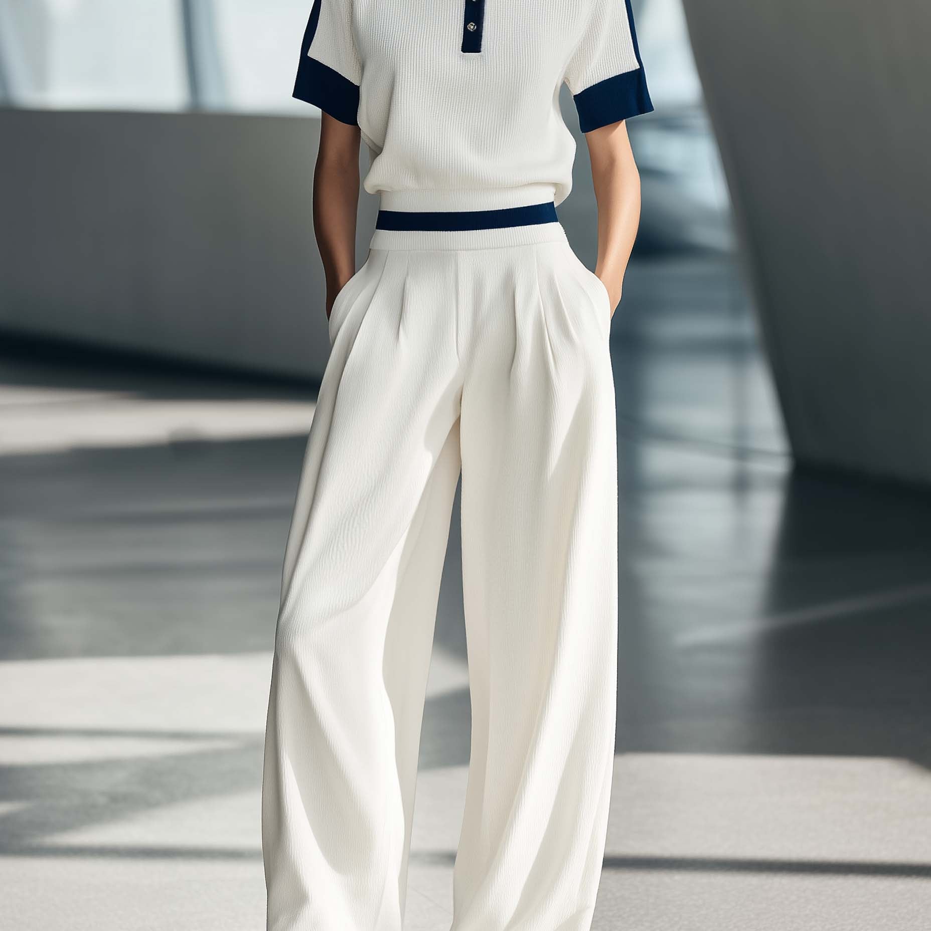 Women's Fashionable Casual Style White Short-sleeved Collared Top And Trousers Set