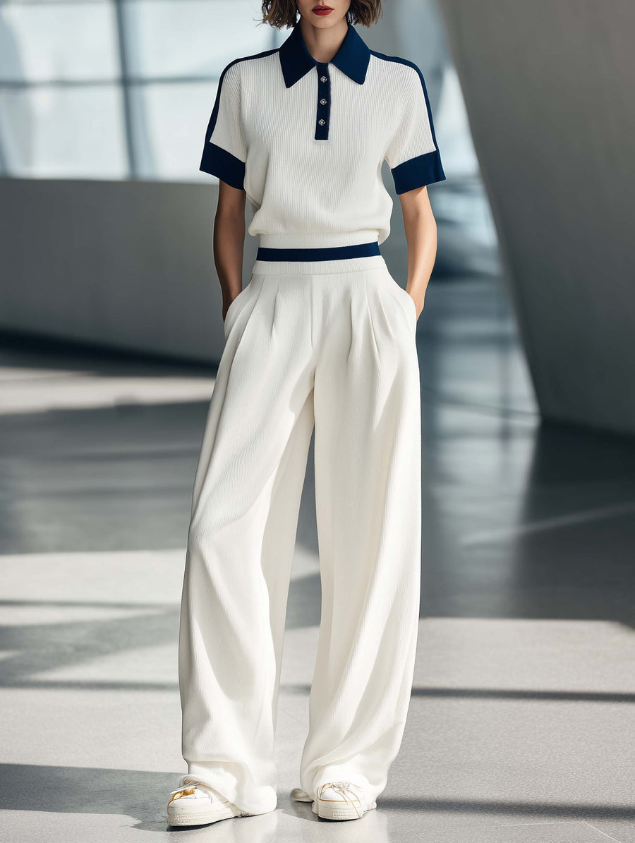 Women's Fashionable Casual Style White Short-sleeved Collared Top And Trousers Set