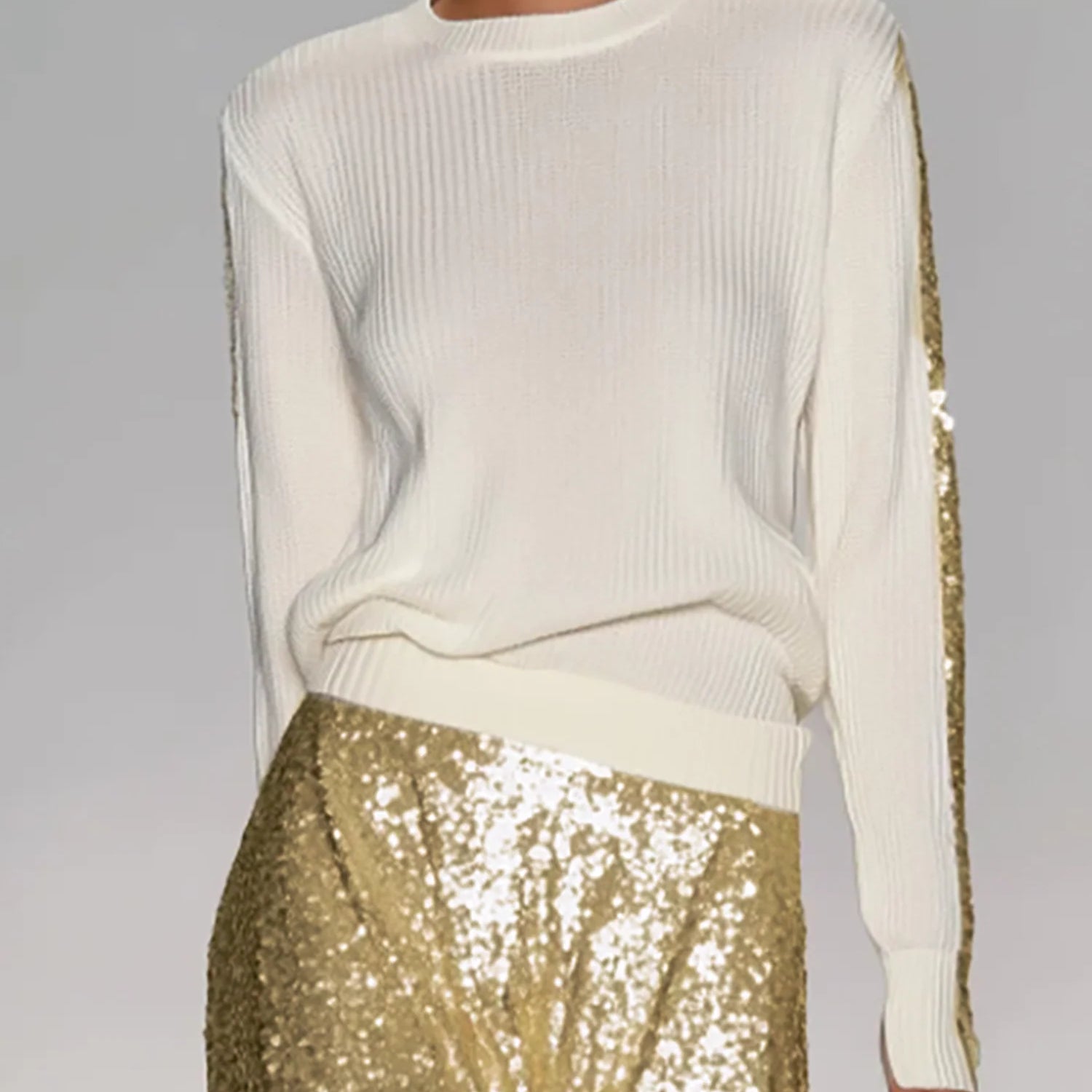 Women's Off-white Round Neck Sequined Sleeve Knit Pullover Sweater