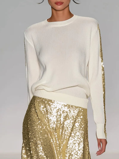 Women's Off-white Round Neck Sequined Sleeve Knit Pullover Sweater