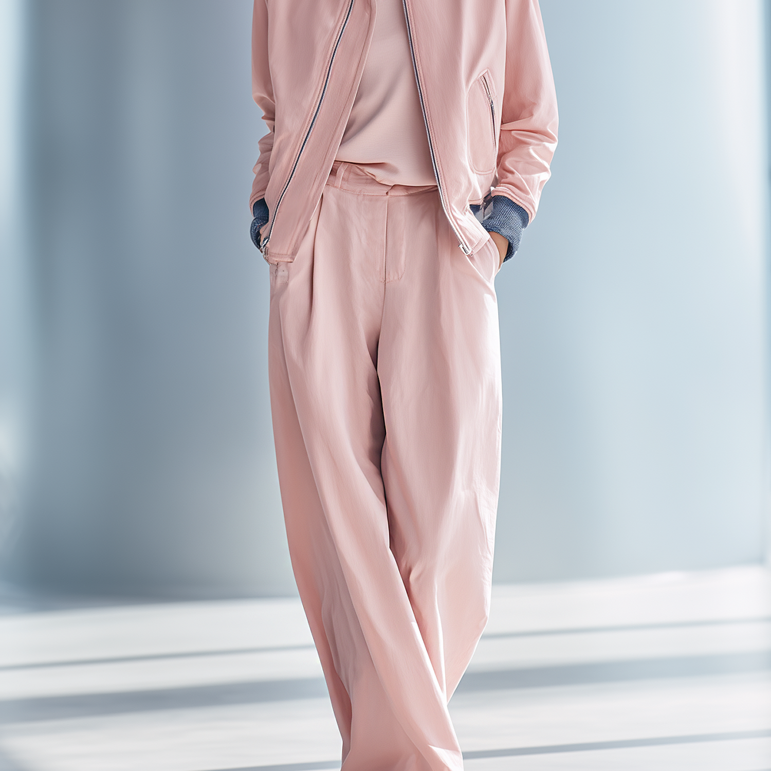 Women's fashionable casual pink patchwork jacket and wide-leg pants set