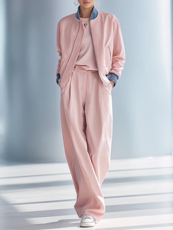 Women's fashionable casual pink patchwork jacket and wide-leg pants set