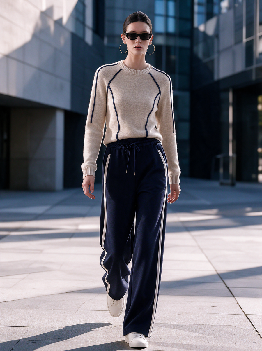Cream Contrast Trim Knit Top & Navy Side Stripe Track Pants Set