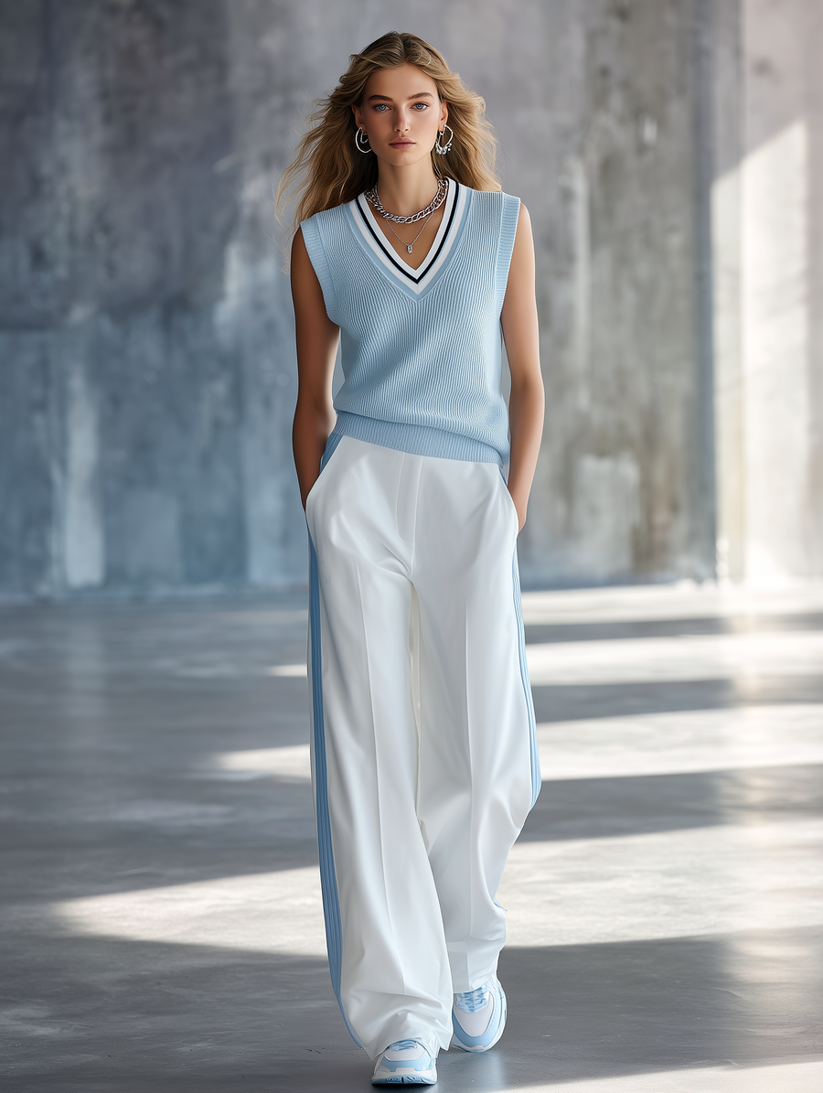 Fresh & Light Blue Color-Block V-Neck Knit Vest And Side-Stripe Wide-Leg Pants Set