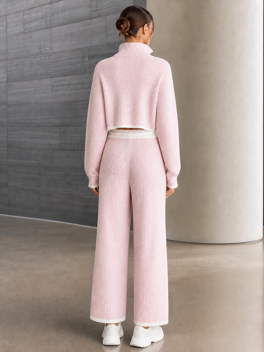 Pink Color-block Cropped Half-zip Mock-neck Knit Top And Wide-leg Pants Set