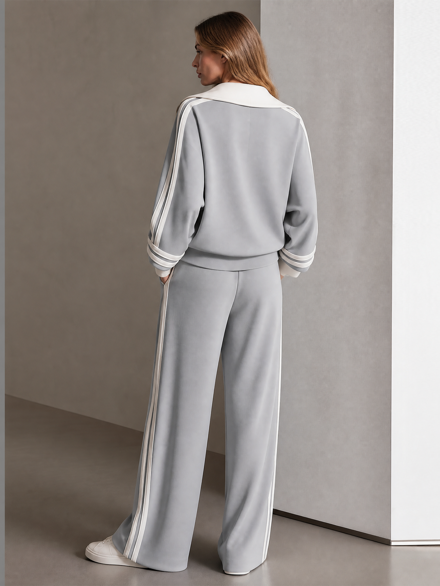 Light Grey-white High-stretch Color-block Striped Half-zip Top And Wide-leg Pants Set