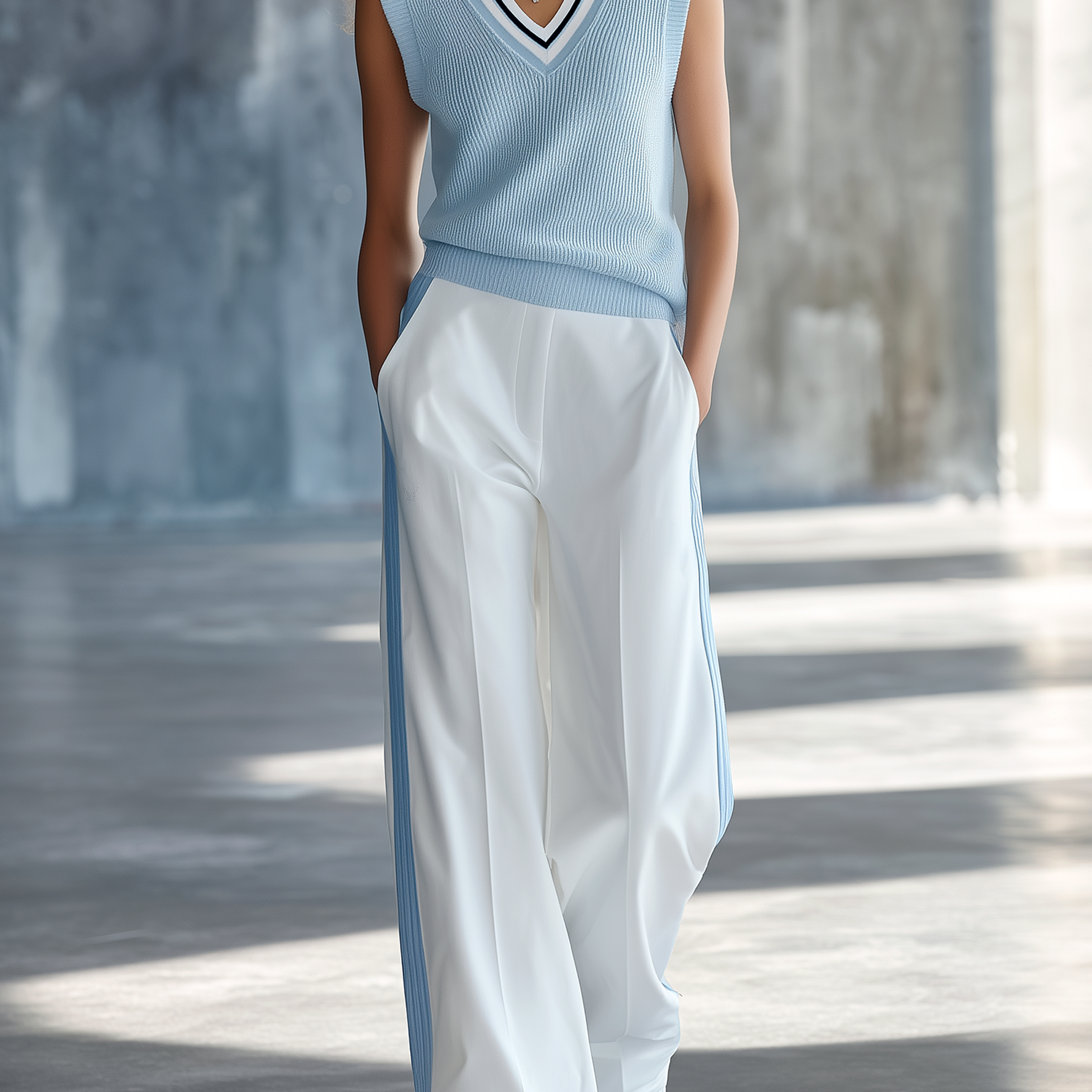 Fresh & Light Blue Color-Block V-Neck Knit Vest And Side-Stripe Wide-Leg Pants Set