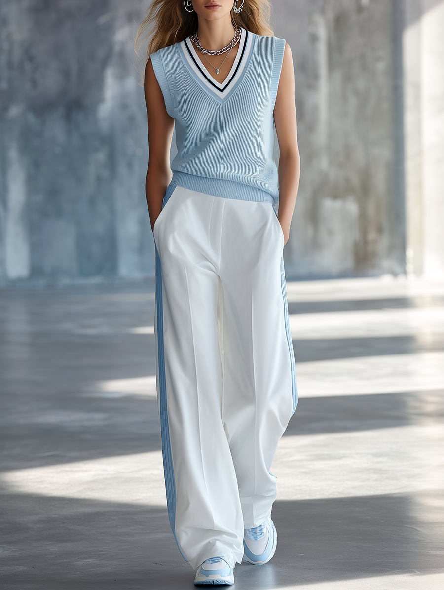Fresh & Light Blue Color-Block V-Neck Knit Vest And Side-Stripe Wide-Leg Pants Set