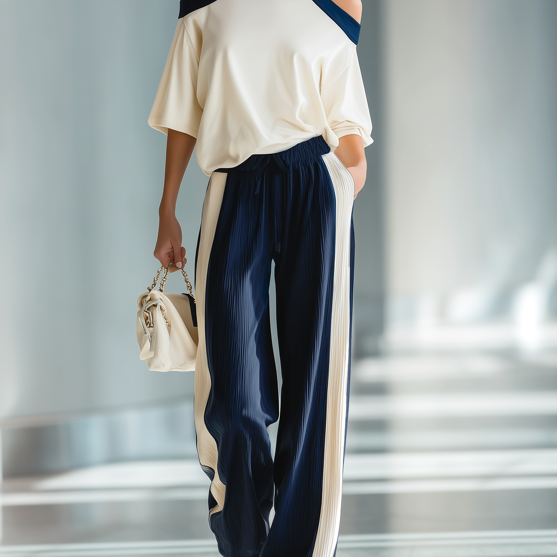 Women's Retro Relaxed-fit Color-block Off-the-shoulder Top And Ribbed Wide-leg Pants Set