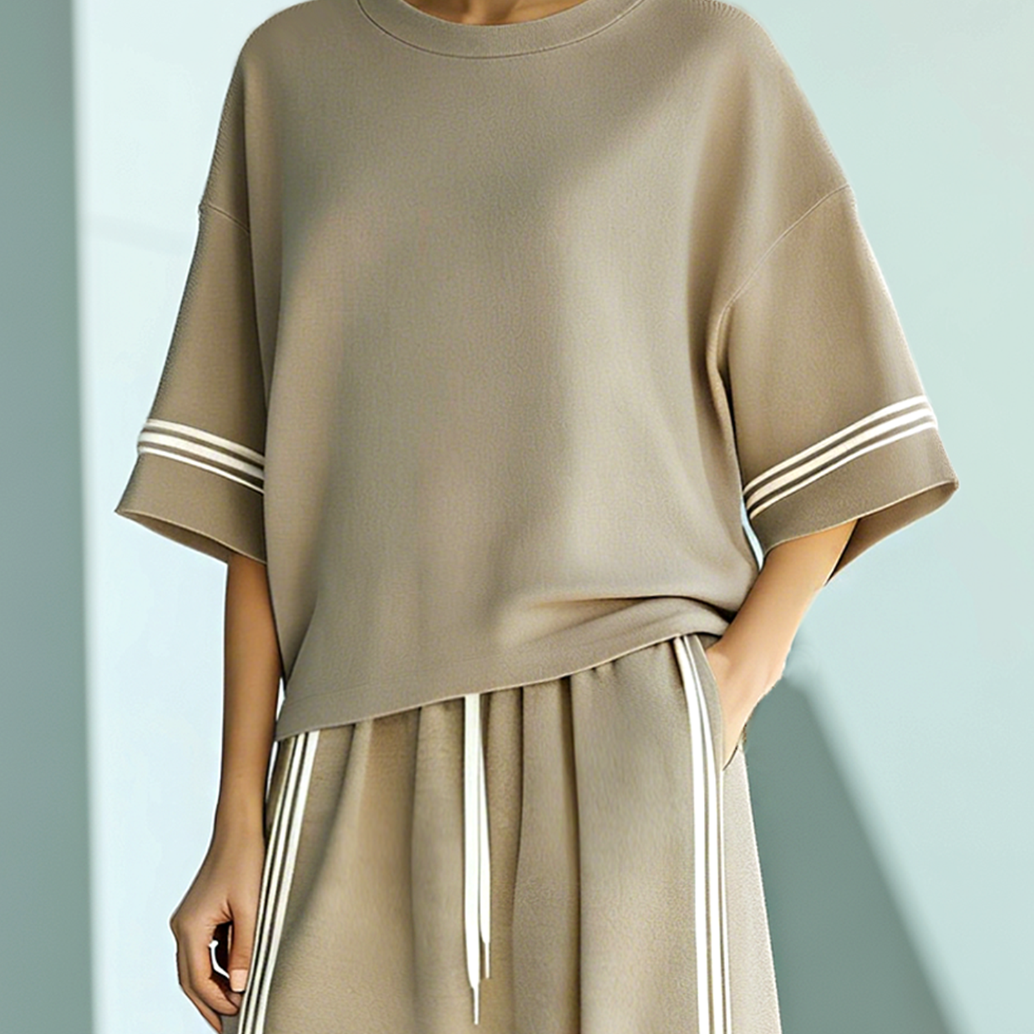 Women's Stylish And Versatile Light Khaki Color-block Casual T-shirt