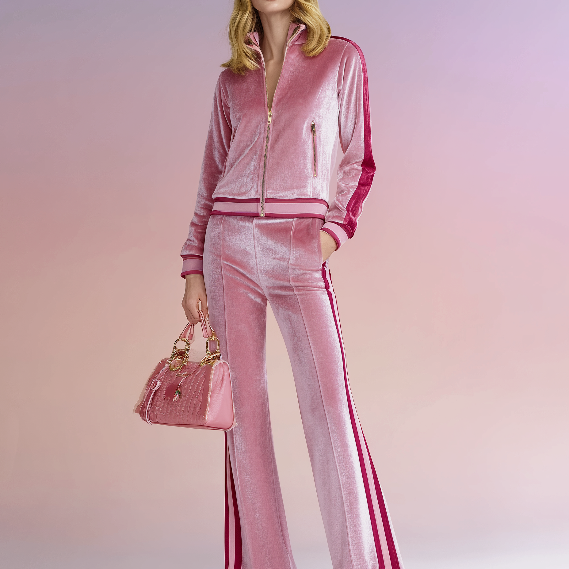 Women's Cherry Blossom Print Velvet Stand-collar Zip-up Jacket