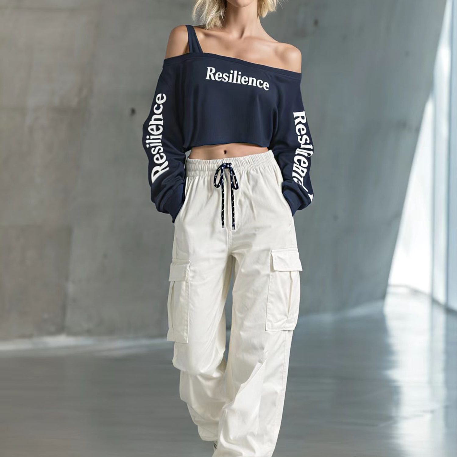 Women's Fashionable Casual Navy Blue Off-the-shoulder Short Sweatshirt With Letter Print