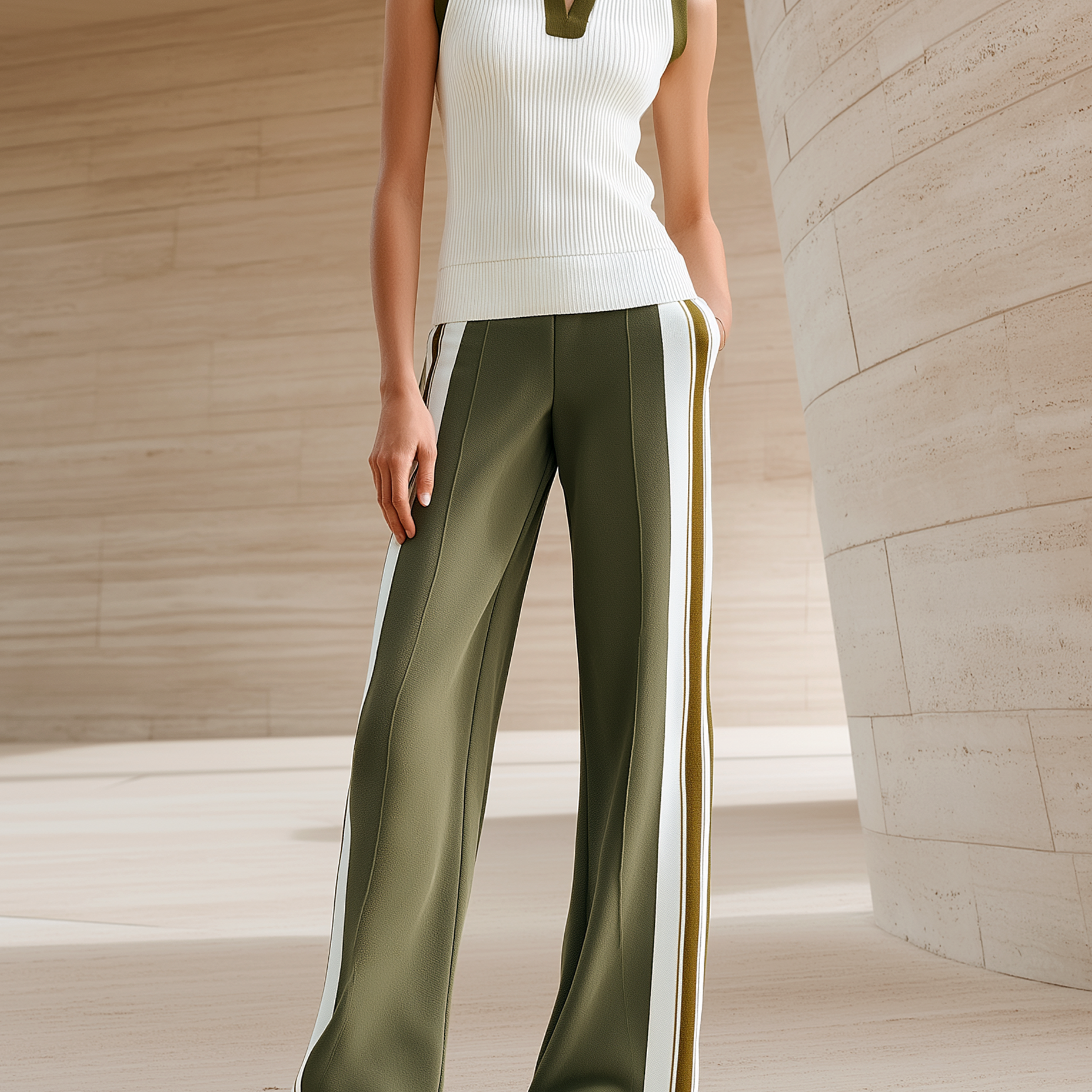 Color-Block Olive Green V-Neck Sleeveless Knit Vest & Side-Stripe Wide-Leg Pants Set