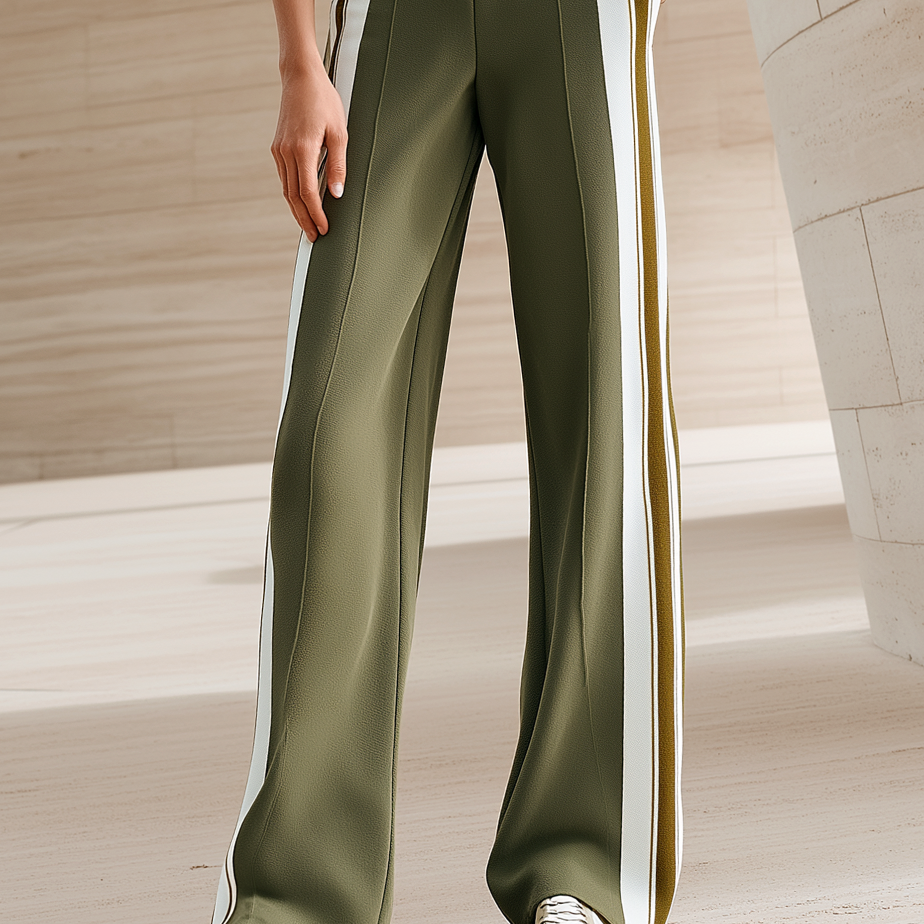 Olive Green Wide-Leg Casual Sweatpants With Contrasting White Side Stripes